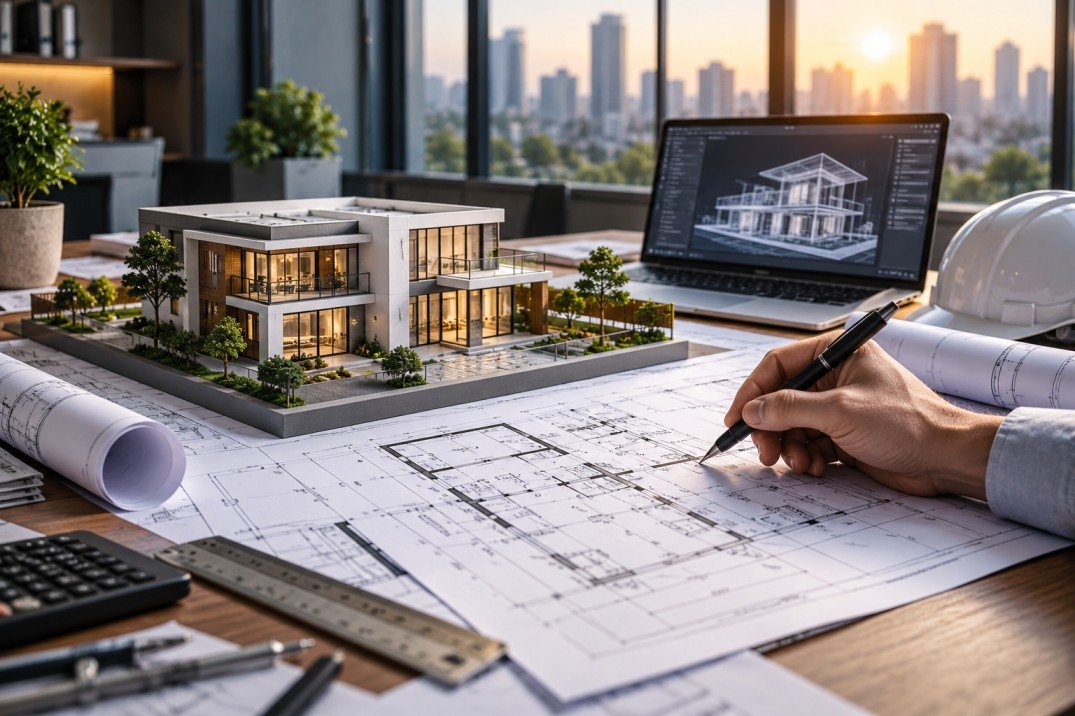 architect’s desk at golden hour