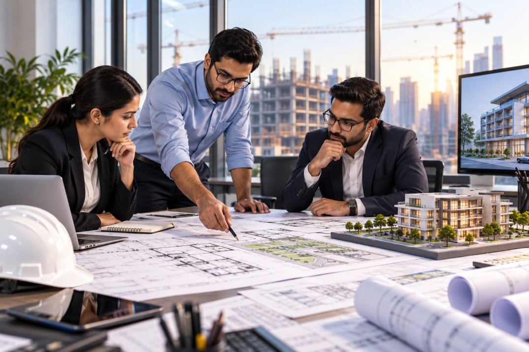 architectural planning meeting over cityscape