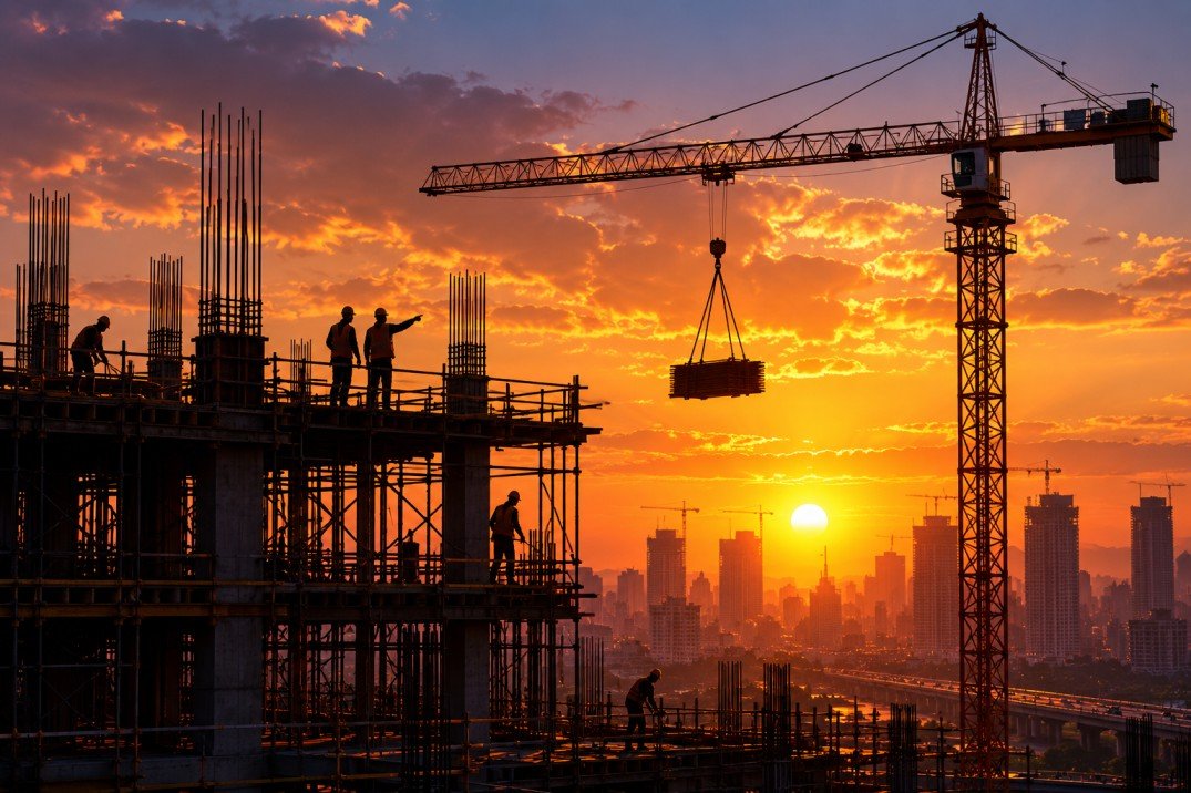 sunset tower crane over city construction